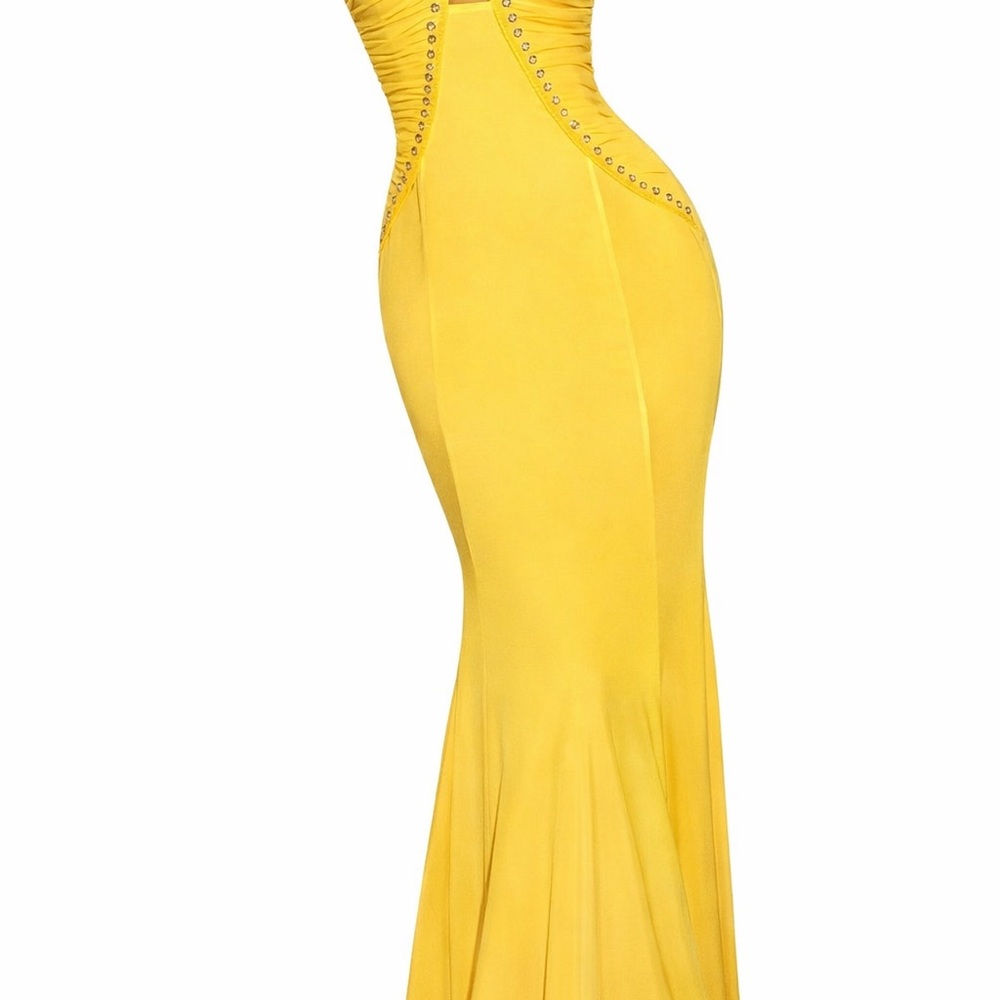 Elegant Rhinestone Yellow cut out back Mermaid Evening Gown